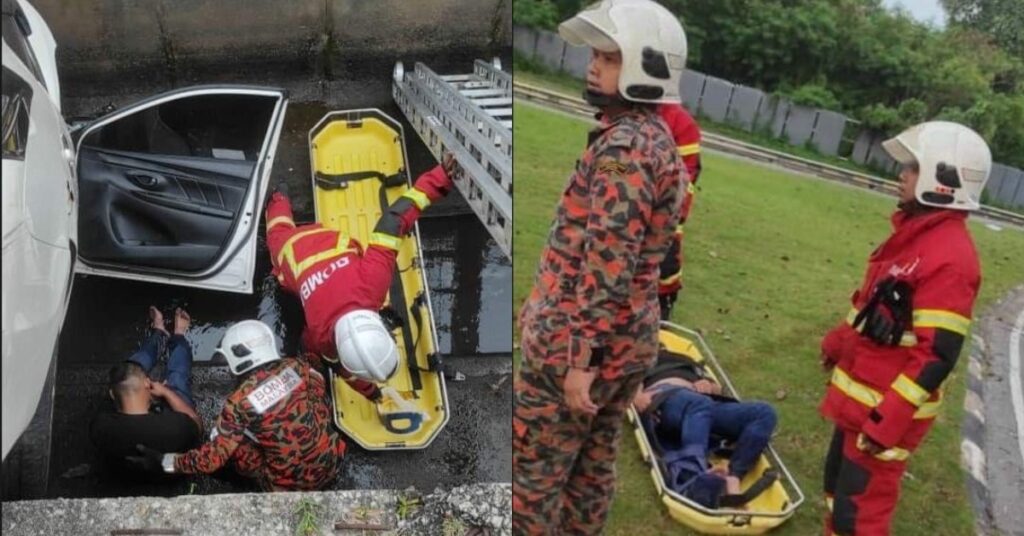 Kereta Terjunam Dalam Parit 2 Lelaki Nyaris Maut Sempat Diselamatkan