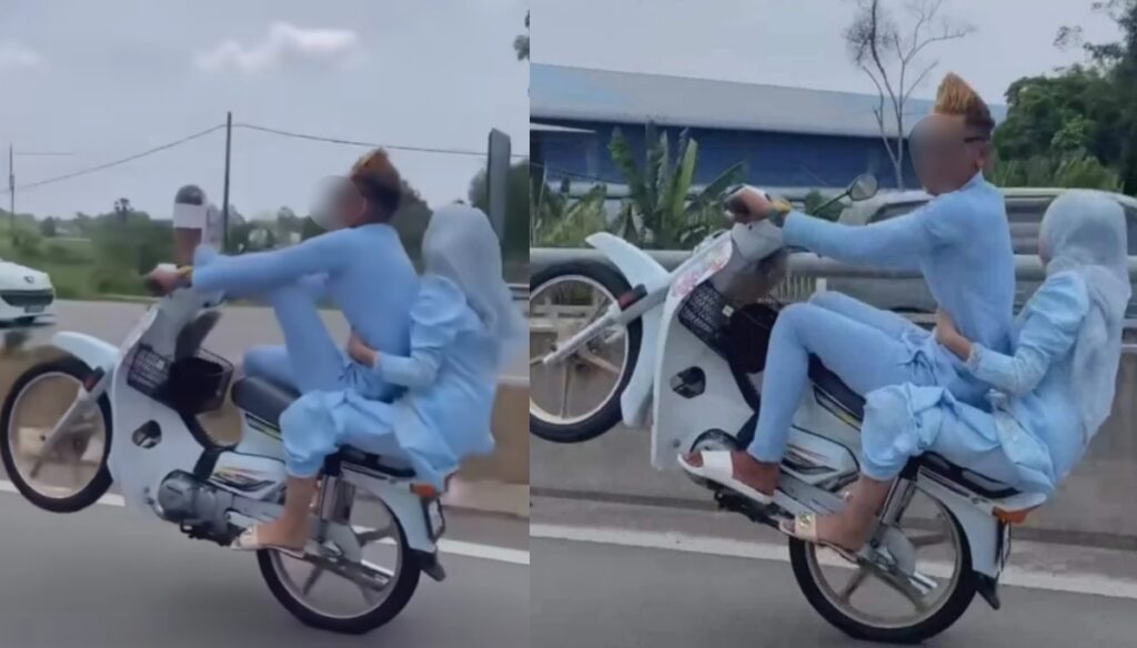 Padah Buat Aksi Wheelie Pasangan Suami Isteri Bawah Umur Ini Berjaya