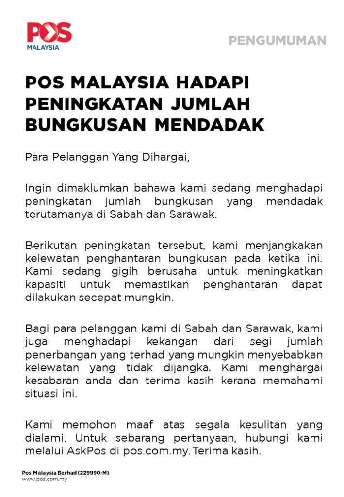 Barang Ke Sabah Sarawak Dijangka Lewat, Pos Malaysia Terima Jumlah 