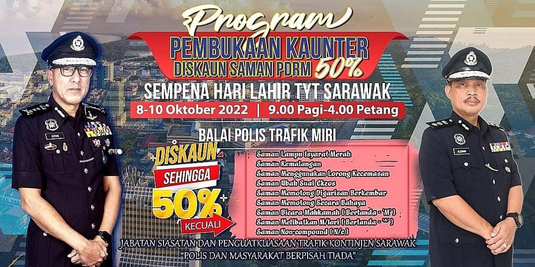 PDRM Miri Tawar Diskaun Saman Sehingga 50% Dari 8 Hingga 10 Oktober Ini