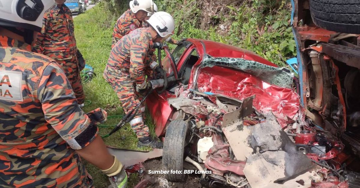 Proton Saga Bertembung Lori Muatan Batu Di Lawas, Pasangan Warga Emas Maut Tersepit